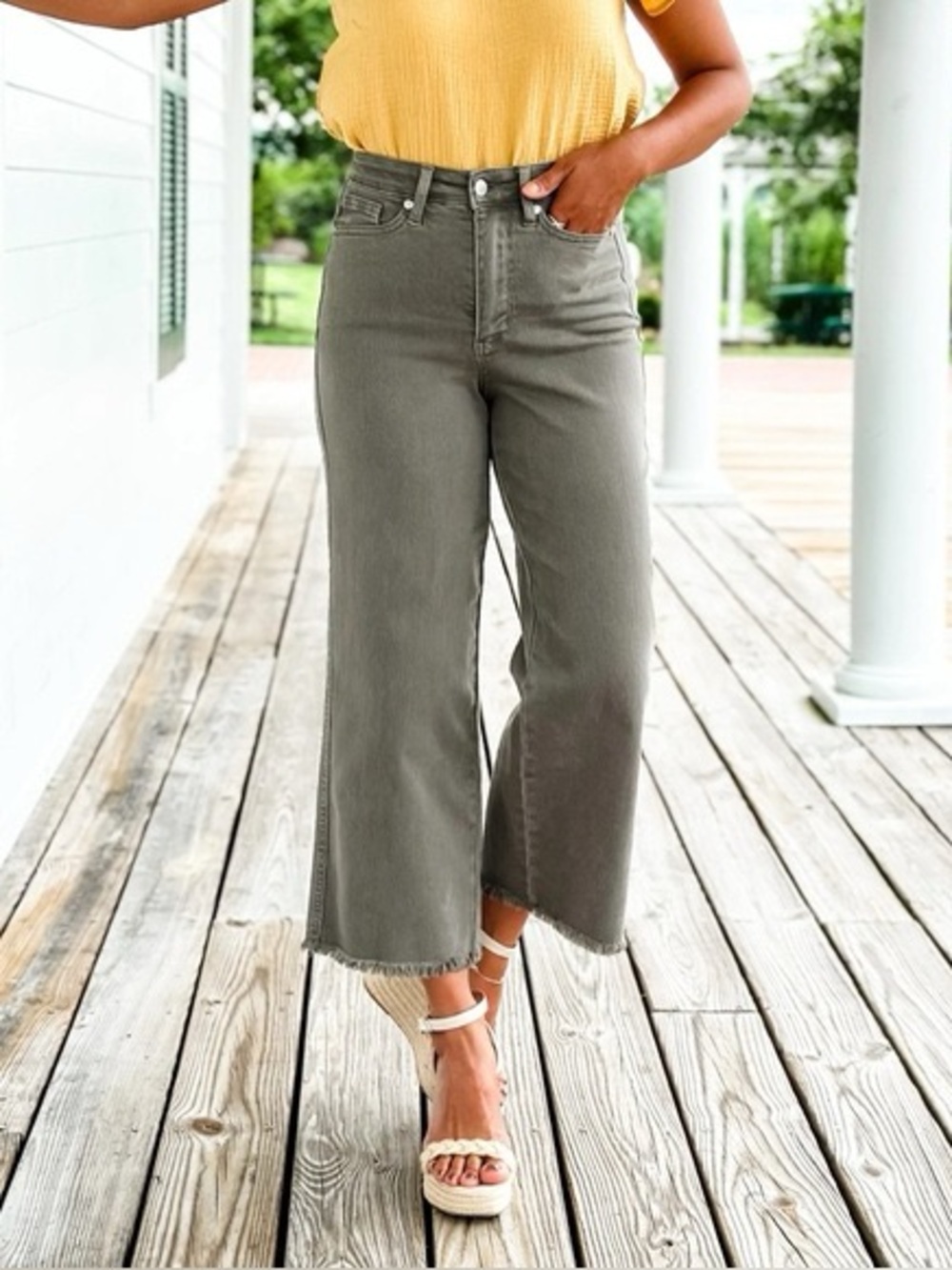 Judy Blue Garment Dyed High Rise Wide Leg Cropped Jeans | Olive | 1/25